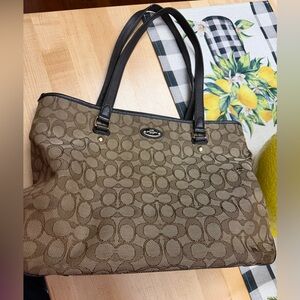 Coach Brown Signature Jacquard Tote with Dark Brown Leather Handles